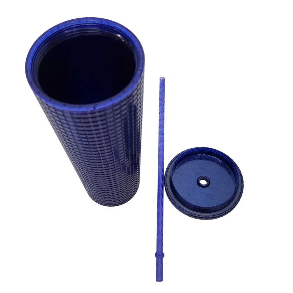 Starbucks 2022 Blue Grid Textured 24oz Venti Cold Cup Tumbler with Straw Glitter